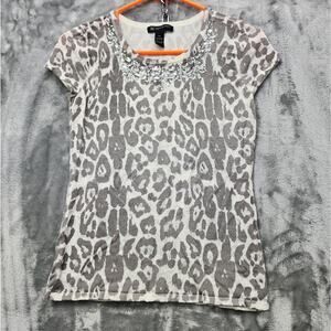 INC Top Womens P/P PETITE Gray Animal Print Embellished Neckline Jewels Stretch